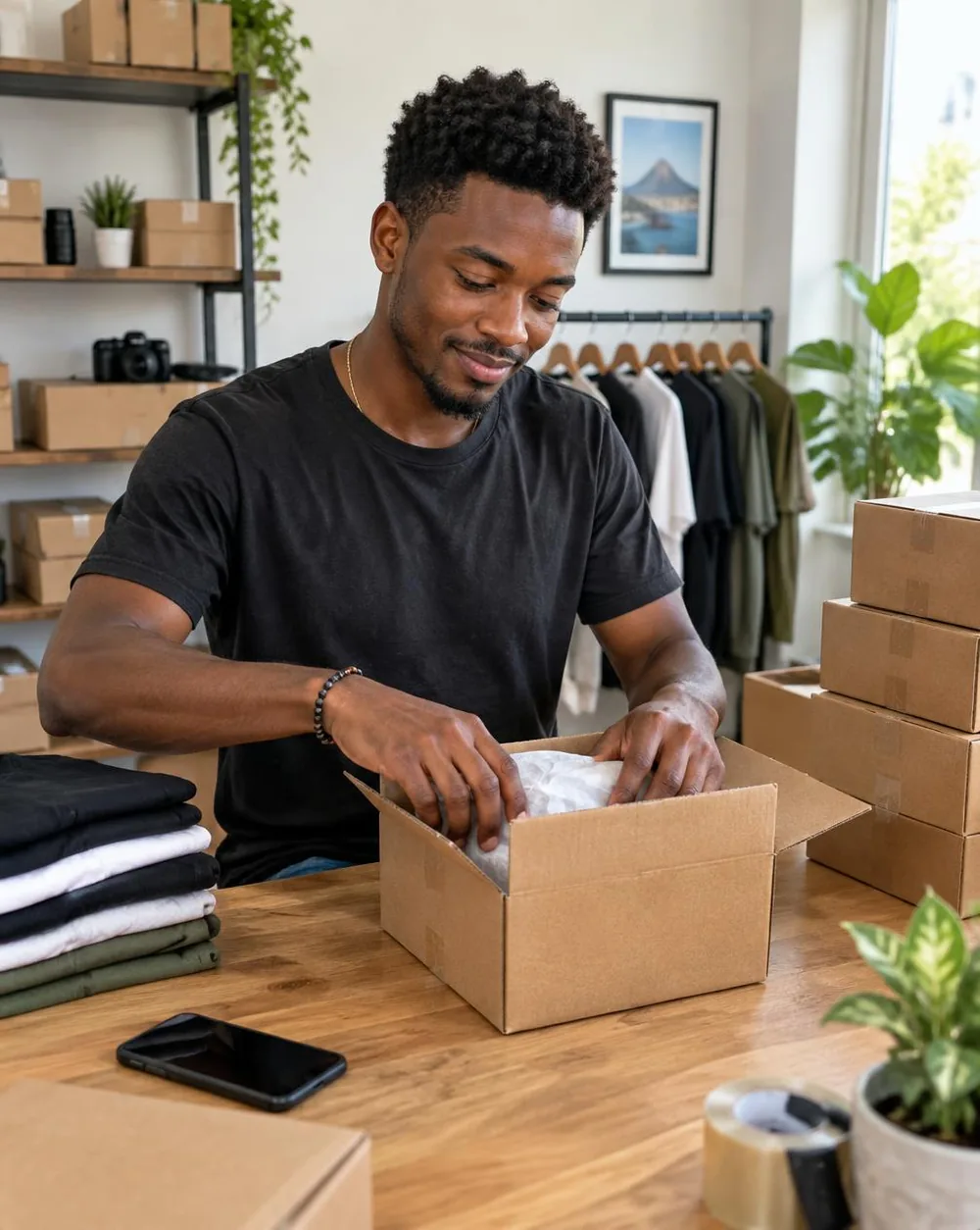 Yon antreprenè ayisyen ap prepare kòmand e-commerce nan estidyo lakay li.