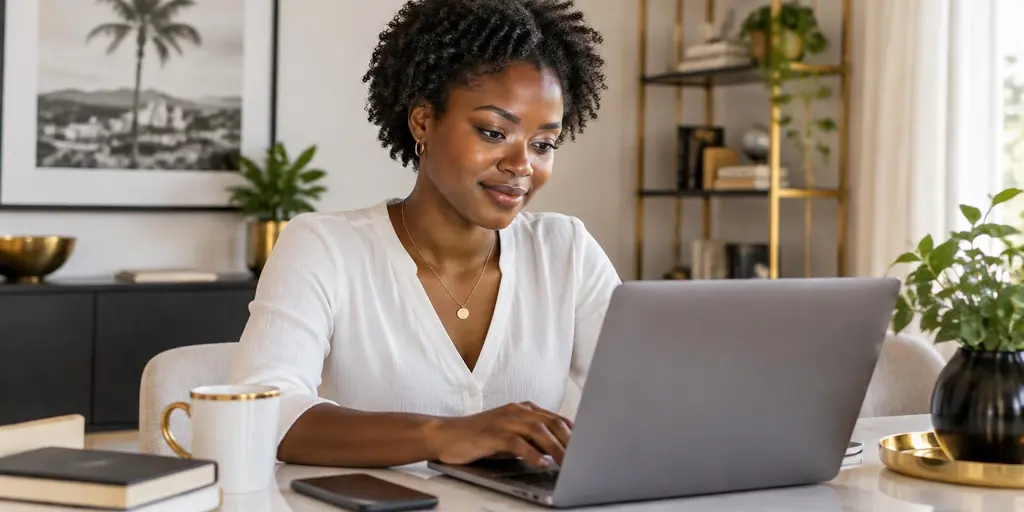 Yon jèn fanm ayisyèn ap aprann sou laptop li nan yon kafe klere Pòtoprens.